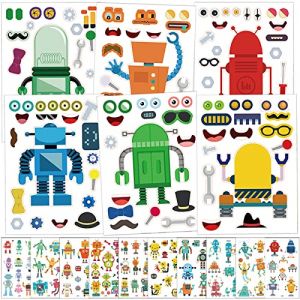 Qpout 24 Feuilles Make A Robot Autocollants Et 10 Sheet Robot Tatouage Autocollants Pour Enfants, faites vos propres autocollants Make A Face Stickers Craft Sticker Robot Tatouages temporaires (Mopyt, neuf)