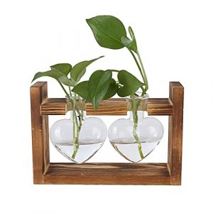 Stations de Propagation de Plantes avec Support en Bois, Vase en Verre à Fleurs Vintage Coeur, Vase de Table Transparent en Forme de Cœur pour Plantes Hydroponiques(B) (Hairolory, neuf)