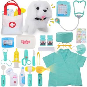 TEUVO Malette Docteur Enfant, Veterinaire Enfant avec Blouse de Médecin, Stéthoscope, Thermomètre, Seringue, Médical Jeu d'imitation Jouets de Rôle 25 pièces, Cadeaux Jouet Enfants 2 3 4 5 6 7 8 Ans (TEUVO, neuf)