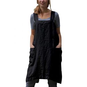 ORANDESIGNE Tablier &agrave; Bavette en Lin Robe Mi-Longue Femmes sans Manches Couleur Unie Crois&eacute; Licou Tablier Mini Robes L&acirc;che Longue Chemise D&eacute;bardeurs avec Poches Tabliers B Noir XL (ORANNER EU, neuf)