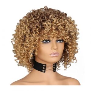 Aspect naturel, Perruque Afro Blonde Bouclée Avec Une Frange Perruques De Longueur D'épaule Perruques Afro Perruques Synthétiques Bouclées Complètes for Les Femmes,Style impeccable (liliu, neuf)