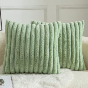 Mandioo Lot de 2 Housse de Coussin Rayures Fausse Fourrure Doux Confortable Taie d'oreiller Decoration Maison Salon Chambre pour Canap&eacute; 40X40 CM Sage Vert (Mandioo_eur, neuf)