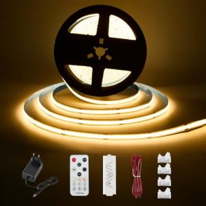 Enteenly Ruban LED COB Blanc Chaud 3 mètres - Kit d'éclairage sous Meuble avec Télécommande RF pour Vitrine, Cuisine, Bureau, étagère, Placard - Adaptateur 24V inclus - 2700K (Dingran, neuf)