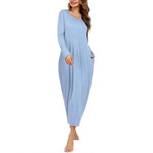 Sykooria Chemise de Nuit Femme Longue Chemise de Nuit Femme Hiver Robe de Nuit Femme Coton Chemise de Nuit Manche Longue avec Poche Peignoir de Bain Taille Grande A-Bleu Clair L (CHONGREN-EU, neuf)
