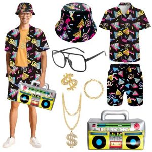 Tenue hip-hop rétro des années 80 et 90 pour adultes, costume de fantaisie des années 80 avec t-shirt et short de sport, chapeau dollar, bracelet gonflable, lunettes radio, survêtement de plage pour (taiyuanhuaijiushangmaoyouxiangongsi, neuf)