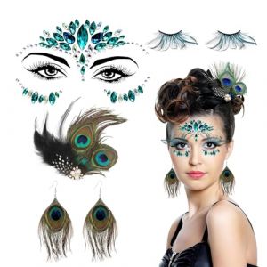 Costume de paon pour femme - Coiffe de paon CIYIN et cils artificiels - Visage de paon - Boucles d'oreilles paon - Accessoires pour carnaval, fête à thème, cosplay (XIUZAO, neuf)