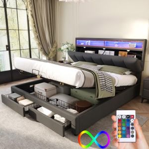 Lit 140 x 190 avec Sommier LED et LED et Tete de Lit Réglable, Lit Coffre 140x190 avec Rangement et Tiroirs, Lit Double avec à Lattes Lit 2 Personnes, Lit Rembourré Cadre de Lit 140 x190(Sans Matelas) (ALINLINQI, neuf)