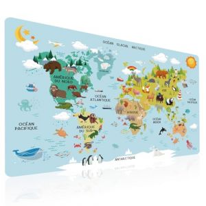 Carte du monde avec animaux en Bleu sur Fran&ccedil;ais - &Eacute;ducatif Sous-main pour Enfant 40x60cm - Tapis de Bureau Imperm&eacute;able - Cuir PU Double Face effa&ccedil;able facile &agrave; nettoyer - pour Devoirs, Dessin (Haoyoujia, neuf)
