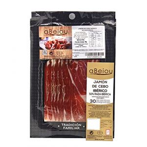 aBeiou. JAMBON IBÉRIQUE EN TRANCHES. affiné pendant +30 mois à Guijuelo (Salamanca). Jamon iberico Patanegra. Certificat de garantie Hycer. 1 paquet de 100gr (SICNAS, neuf)