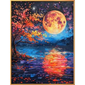 Kit de point de croix à faire soi – meme kit de démarrage de broderie pré - imprimée canevas kit complet adulte ou enfants pour les debutants - Moonlight Lake paysage 40x53cm (Leihai Trade, neuf)