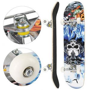 Skateboard Complet pour Enfants, Adolescents et Adultes, débutants, Double Kick Maple Deck Concave Cruiser Skateboard avec Outil en T,79 * 19.5 * 9.5cm (Motif tête de Mort) (Hechheu, neuf)