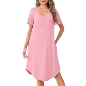 Wikoan Chemise de Nuit Femme Manches Courtes Chemise de Nuit Ete Vêtements de Nuit en Col U Robe de Nuit Longue Ample Confort Nuisette avec Poches Rose S (Wikoan Direct, neuf)