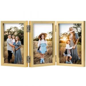 AVEAX Cadre photo 13 x 18 cm, doré, triple cadre photo, collage 13 x 18 cm, en bois, avec façade en verre, support pliable pour une installation verticale sur le bureau (SSUEI, neuf)