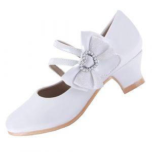 EIGHT KM Filles Talons Hauts Robe Chaussures Mary Jane Princesse Mariage Fête Pompe EKM7035 Cuir Verni Cœur Perle Nœud Blanc Taille EU 24 (ElfElfElf FR, neuf)