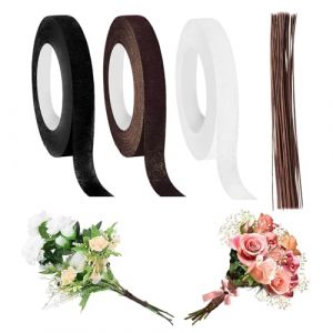LYSHOOCE 3 Rouleau Floratape Fleuriste (27m/Rouleau)＋100 Tige Fleur Artificielle,pour Bouquets de Fleurs Travaux Manuels Floraux (Noir, blanc, marron) (LikShun, neuf)