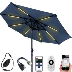 Eclairage LED pour parasol | bandes LED de 70 cm | Set complet pour 8 bras de parasol | lumière blanche chaude | boîte étanche, adaptateur secteur et variateur tactile inclus… (LEDChampion, neuf)