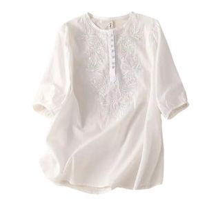 Chemisier Coton et Lin Manches Courtes pour Femme Blouses Ample Col Rond Tunique D'&eacute;t&eacute; Boh&egrave;me Folklore Vintage Broderie Top Hauts L&acirc;che Respirant T-Shirts Grande Taille Pas Cher Tunique Blouse Mode (GUnakd, neuf)