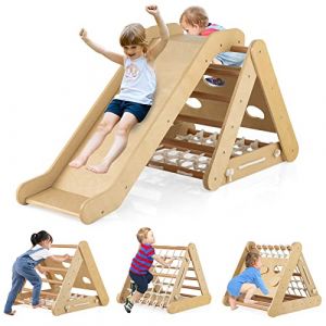 GOPLUS Triangle d’Escalade Montessori Enfants avec Filet à Grimper, Planche et Échelle,Pierres avec Toboggan, Charge 50KG,Aire de Jeux Intérieur pour Bébé 1 an+(Naturel) (Augenstern24, neuf)