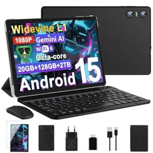 Tablette Android 15 Tablette 10 Pouces 20Go RAM + 128Go ROM(2To Extensible), Octa-Core, GMS Tablette Tactile, WiFi 6, 5G Wi-FI, Widevine L1, 6000mAh, GPS, Tablettes avec Clavier+Souris et Cas-Noir (EURO COMMERCE 2025 BSEC, neuf)