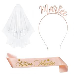3 Pi&egrave;ces EVJF Accessoire - Future Mari&eacute;e Voile &Eacute;charpe Voile Blanc Couronne Serre-t&ecirc;te Mari&eacute;e Or Rose - Enterrement de Vie de Jeune Fille D&eacute;guisement (liaozhiyuan store, neuf)