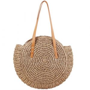LATRAT Sac en paille pour femme - Sac bandoulière rétro rond - Sac de plage - Grand sac à bandoulière - Pour les voyages, les vacances, les loisirs - Marron, marron (LATRAT Direct, neuf)