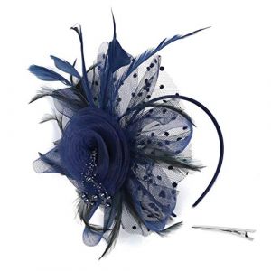 Bibi &agrave; clip pour femme - Accessoire de cheveux &eacute;l&eacute;gant - Filet &agrave; plumes - Pour mariage, course, enterrement de vie de jeune fille, go&ucirc;ter - Bleu marine - Taille unique (jksmyx, neuf)
