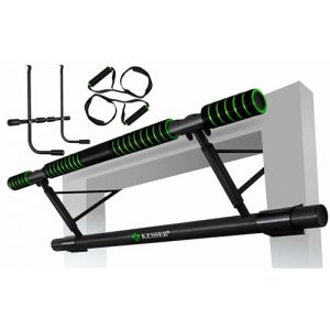 KESSER® Barre de traction premium 4 en 1, avec station pour dips et cordes ondulatoires, barre de traction pliable pour porte, accrochage sûr au chambranle, barre pour pull-up de Crossfit, vert (WMK Trading GmbH, neuf)