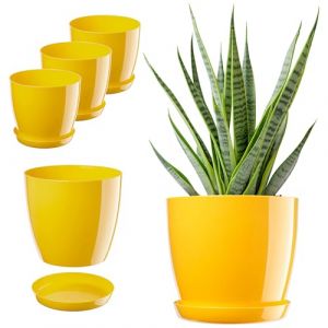 KADAX Lot de pots de fleurs avec soucoupe, bac à fleurs rond en plastique, pot de fleurs pour l'intérieur et plantes d'intérieur, pot pour herbes aromatiques (set 3 : 20 cm, jaune) (KADAX, neuf)