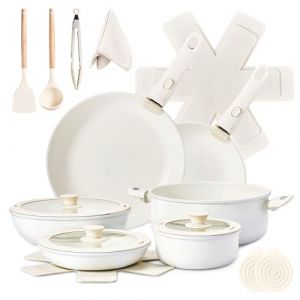 ROVSUN Batterie de Cuisine Induction 22 Pi&egrave;ces, Casserole Induction avec Poign&eacute;e Amovible, Set de Casseroles et Po&ecirc;les, 6 Casseroles, 3 Couvercles, Tout Feux, Antiadh&eacute;sive, Blanc (TheBigTomorrow, neuf)