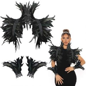 Herbst Cape avec col en plumes et manchettes en plumes Gothique Cape en plumes Cape en plumes &Eacute;paule d'oiseau Costume de corbeau pour femme, Noir , taille unique (Everydayamz, neuf)