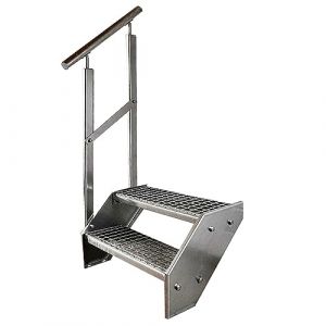 Premium Caillebotis acier Escalier à limon 2 Marches Entièrement galvanisé avec garde-corps à gauche - Dimensions (L x l x H) 44cm x 100cm x 38cm (DF-Shopping GmbH, neuf)