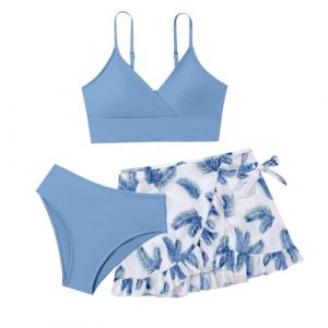 Maillot De Bain Ado Fille 8-14 Ans Ensemble Bikini 3 Pi&egrave;ces Hauts De Maillots et Bas De Maillots Tanga avec Jupe Maillot De Bain Adolescente Fille Natation Piscine Plage (001 Bleu Clair, 11-12 Ans) (LIBJDI, neuf)
