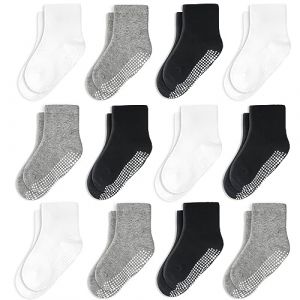 CozyWay Chaussettes pour tout-petits de l'équipage non glissantes, 12 pack pour garçons et filles, noir/blanc/gris, 3-5 ans (Juvo +, neuf)