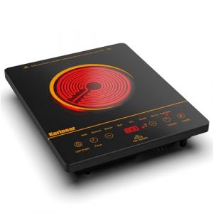 Plaque Vitrocéramique 1 Feu Portable avec Motif Orange, Karinear, 650℃ Max, Plaque de Cuisson Electrique 1 Feu with Prise VDE, Sécurité Enfant, Indicateur de Chaleur Résiduelle, 220-240V (karinear-eu, neuf)