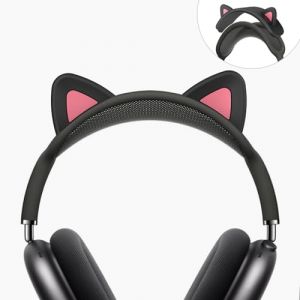 MOWYEOK Coque de protection de bandeau, compatible avec AirPods Max, design oreilles de chat mignon, en silicone souple, pour Top Pad et AirPods Max (noir + rose) (anqingqiatanwangluokejiyouxiang, neuf)