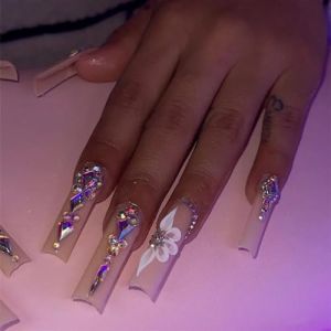 Faux ongles, ongles à presser Faux ongles longs en forme de cercueil avec colle, faux ongles marron portables avec strass, presse de Ballet, couverture complète(35) (zhangtingamz, neuf)