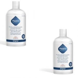 Plaqtiv+ Additif pour eau de boisson | Pack Double | 2 x 500 ml | Produits de soins pour chiens et chats | Pour favoriser les soins dentaires et l'hygiène buccale | Peut inhiber la formation de tartre (FeedMyAnimal, neuf)