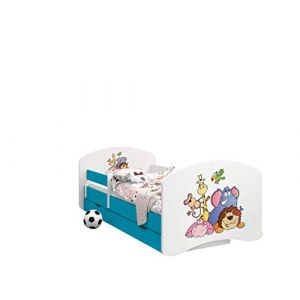 Happy Babies - LIT D'ENFANT DOUBLE FACE AVEC TIROIR Design Moderne Avec Bords Sûrs et Matelas en Mousse Antichute 7 cm Bleu (Safari, 180x90) (EuroTrip, neuf)