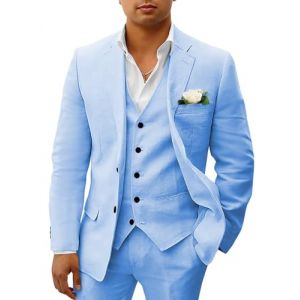 HUUTOE Costumes 3 pi&egrave;ces en lin pour homme - Costume d&eacute;contract&eacute; et formel pour homme - Coupe ajust&eacute;e - Smoking d'&eacute;t&eacute; - Blazer personnalis&eacute;, bleu ciel, Taille 6XL (NicetomeeeU, neuf)