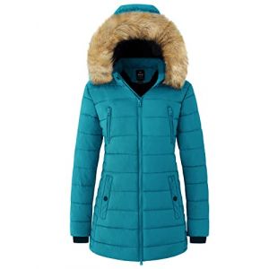 Wantdo Femme Duffle Coat Doublure Polaire Manteau Chaud en Coton Manteau à Capuche Détachable Veste Hiver Parka Militaire Slim Fit Bleu L (C'est la vie, neuf)