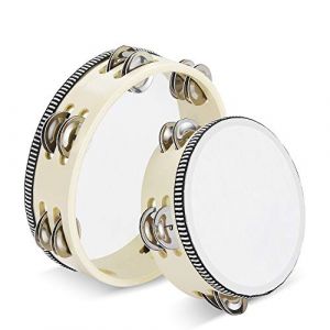 Flexzion Lot de 2 tambourins à main en bois – 20,3 + 15,2 cm avec grelot en métal à double rangée (bois) – Tambourin à percussion en forme de lune, instrument de musique (Flexzion UK, neuf)