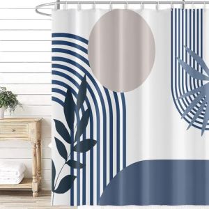 Uiiooazy Rideau Douche Bleu Gris, Rideau de Douche Abstrait Géométrique Lignes Noir Rayé Rideaux de Baignoire Anti Moisissure Imperméable Tissu Polyester Rideaux de Bain avec 12 Crochets 180x180cm (dongguibinjingpinxiaodianpu, neuf)