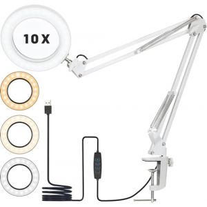 Lampe de Bureau avec Loupe 10X, LED Lampe Loupe avec 72LEDS, 3 Modes de Couleur&10 Niveaux de Luminosité, Loupe sur Pied, Aide à la Lecture Lampe Grossissante pour Lecture, Réparation-Blanc (Songlypian, neuf)