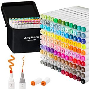 AnyMark Feutres a Alcool, Lot de 120 Marqueurs à Alcool à Double Pointe Biseautée et Fine, Idéal pour Dessin, Croquis, Illustration, Design, Corps Blanc (AnyMark, neuf)