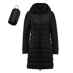 Veste Légère en Duvet De Canard Femme, Couleur Unie, Grande Taille, Imperméable, Imperméable, Coupe-Vent, Mi-Longue, Doudoune À Capuche Amovible, Doudoune Femme Longue, Doudoune Chauffante (Black, M) (wayWAS, neuf)