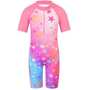 HUAANIUE Filles Maillot de Bain 1 Pi&egrave;ce 2-12 Ans, Anti-UV UPF 50+ Manches Courtes, Fermeture &Eacute;clair Frontale, Imprim&eacute;s Color&eacute;s, Id&eacute;al pour Plage et Piscine (S459-&Eacute;toiles Roses, 4-5 Ans) (HUANQIU EUR STORE, neuf)