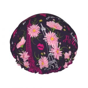 Bonnet de douche r&eacute;utilisable pour femme, motif Tour Eiffel et fleur, rose, double couche, avec doublure en PEVA et corde &eacute;lastique (BinTu-EU, neuf)
