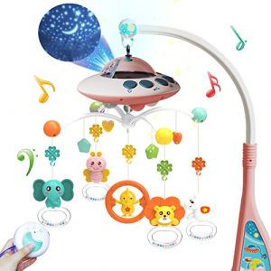 Eners Lit Bébé Musical Mobile Fille Support Lit Bébé Table à Langer Avec Musique Et Lumière Projecteur Et Télécommande Fonction Rotative (Rose) (Ener-EU, neuf)