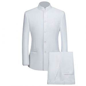 Costume Tunique Chinoise 2 Pièces pour Hommes Ensemble Blazer à Col Mandarin Ensemble Pantalon Veste Boutonnée Robe de Marié Uniforme Traditionnelle (Blanc,L) (Huabaohua[7-12 Deliverly], neuf)