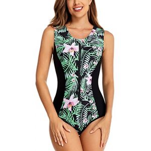 FEOYA Maillot de Bain Femme 1 Pièce sans Manches Élégant Imprimé Maillot Rashguard avec Fermeture Eclair Avant Combinaison de Natation Monokini Body Couleur 1 M (GAOCHENGEU, neuf)